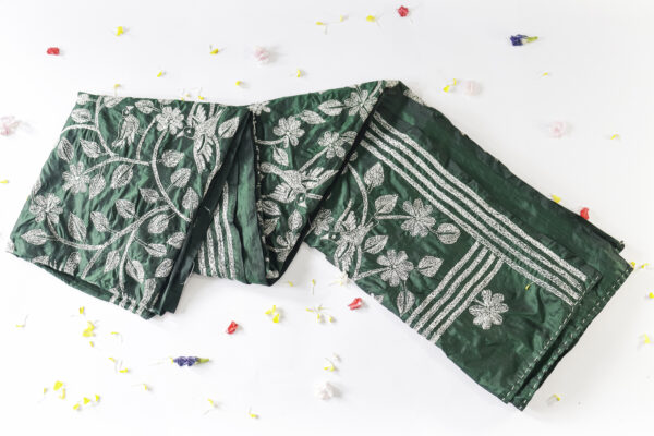 Elegant Bottle Green Silk Saree with Intricate White Embroidery - Image 6