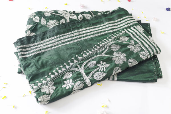 Elegant Bottle Green Silk Saree with Intricate White Embroidery - Image 5