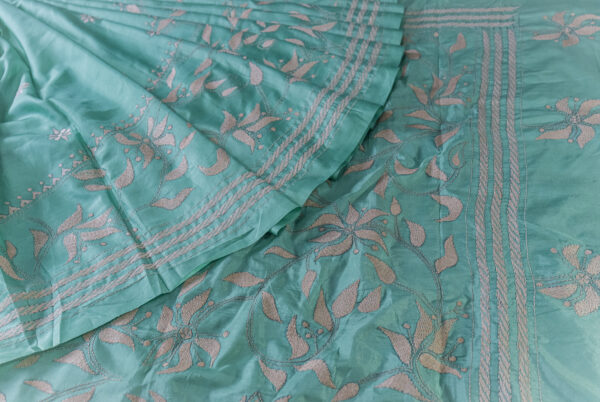 Teal Green Handcrafted Silk Saree with Elegant Silver Embroidery – Graceful Ethnic Wear (Embroidery Saree)