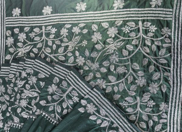 Elegant Bottle Green Silk Saree with Intricate White Embroidery - Image 4