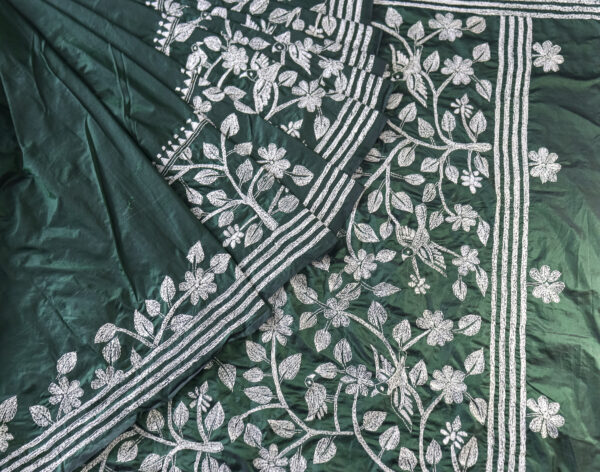 Elegant Bottle Green Silk Saree with Intricate White Embroidery