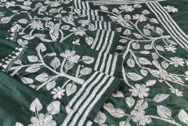 Elegant Bottle Green Silk Saree with Intricate White Embroidery - Image 2