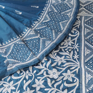 Royal Blue Hand-Embroidered Silk Saree with Exquisite White Thread Work (Embroidery Saree)