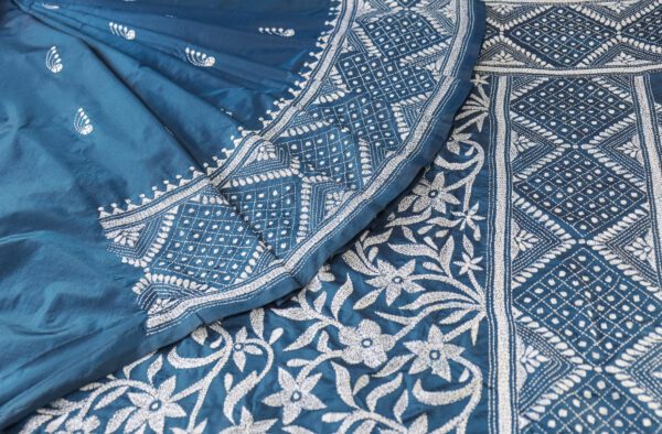 Royal Blue Hand-Embroidered Silk Saree with Exquisite White Thread Work (Embroidery Saree)