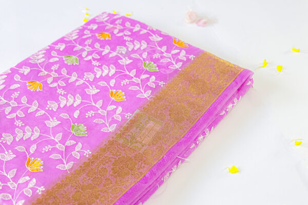 Graceful Pink Silk Saree with Floral Embroidery & Golden Zari Border – Fancy Saree - Image 5