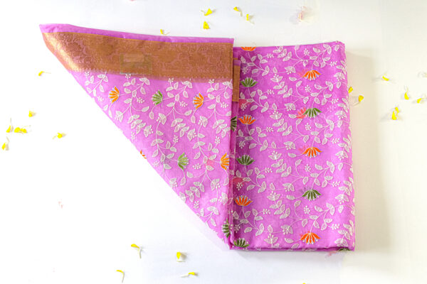 Graceful Pink Silk Saree with Floral Embroidery & Golden Zari Border – Fancy Saree
