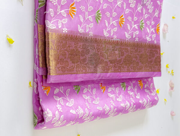 Graceful Pink Silk Saree with Floral Embroidery & Golden Zari Border – Fancy Saree - Image 3