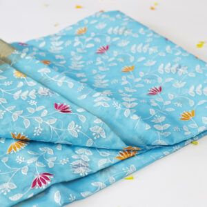 Sky Blue Saree with Multicolor Floral Embroidery & Zari Border – Fancy Saree