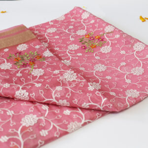 Elegant Rose Pink Banarasi Silk Saree with Delicate White Floral Embroidery & Golden Zari Border (Fancy Saree))