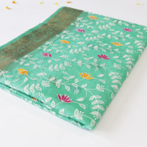 Elegant Aqua Green Silk Saree with Floral Embroidery & Golden Zari Border – Fancy Saree