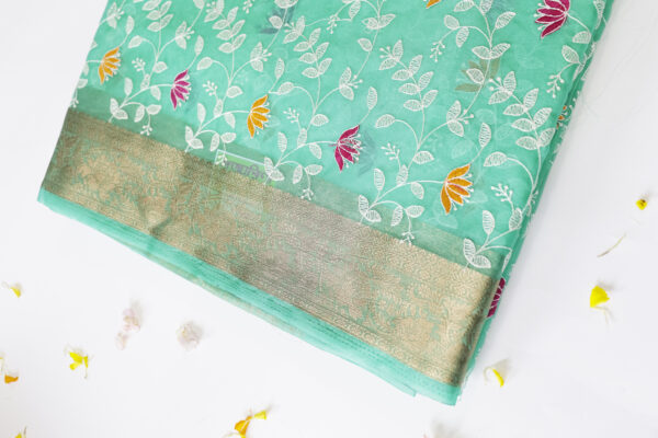 Elegant Aqua Green Silk Saree with Floral Embroidery & Golden Zari Border – Fancy Saree - Image 3