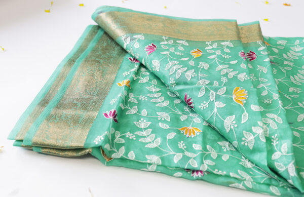Elegant Aqua Green Silk Saree with Floral Embroidery & Golden Zari Border – Fancy Saree - Image 2