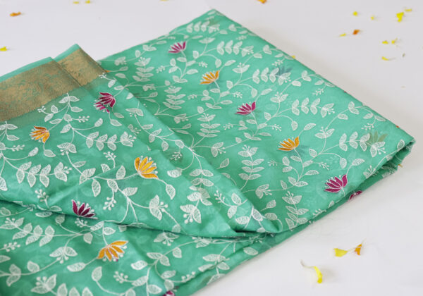 Elegant Aqua Green Silk Saree with Floral Embroidery & Golden Zari Border – Fancy Saree - Image 4