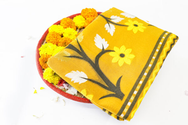 Vibrant Mustard Yellow Handwoven Cotton Jamdani Saree with Floral Motifs - Image 2