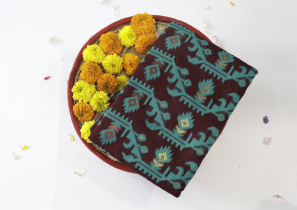 Maroon & Teal Handwoven Jamdani Saree – Artistic Elegance with Ikat Cotton Weave