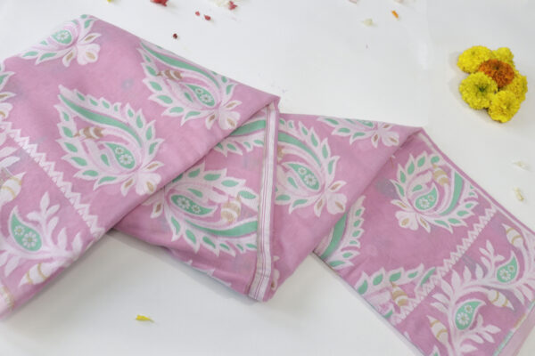 Soft Pink Handwoven Cotton Jamdani Saree with Paisley Motifs - Image 2