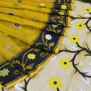 Vibrant Mustard Yellow Handwoven Cotton Jamdani Saree with Floral Motifs