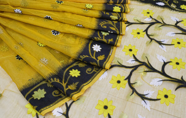 Vibrant Mustard Yellow Handwoven Cotton Jamdani Saree with Floral Motifs