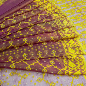 Maroon & Yellow Handwoven Jamdani Saree – Traditional Elegance