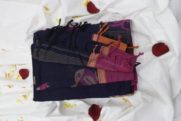 Navy Blue & Magenta Pure Bengal Handloom Khadi Cotton Saree – Elegant Handwoven Beauty - Image 4