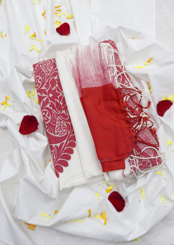 White & Rust Red Pure Bengal Handloom Cotton Saree – Traditional Elegance with Floral Motifs - Image 2