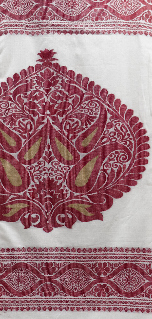 White & Rust Red Pure Bengal Handloom Cotton Saree – Traditional Elegance with Floral Motifs - Image 5