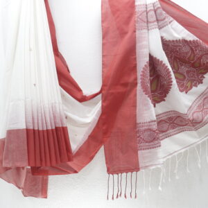 White & Rust Red Pure Bengal Handloom Cotton Saree – Traditional Elegance with Floral Motifs