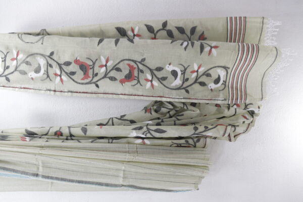 Off-White Pure Bengal Handloom Khadi Cotton Saree – Handwoven Elegance with Floral Embroidery - Image 2