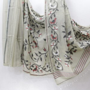 Off-White Pure Bengal Handloom Khadi Cotton Saree – Handwoven Elegance with Floral Embroidery