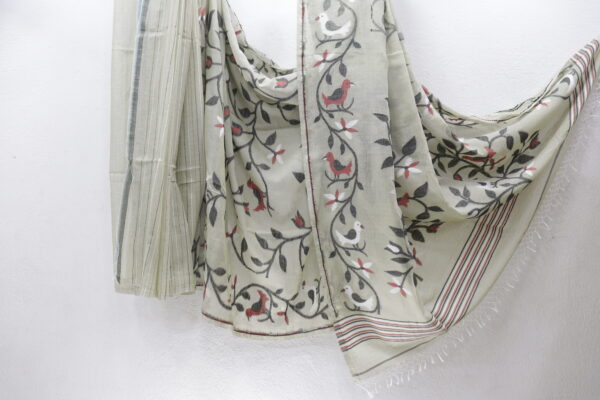 Off-White Pure Bengal Handloom Khadi Cotton Saree – Handwoven Elegance with Floral Embroidery