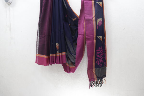 Navy Blue & Magenta Pure Bengal Handloom Khadi Cotton Saree – Elegant Handwoven Beauty - Image 3