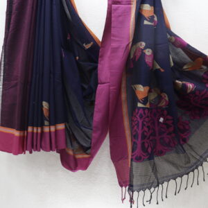 Navy Blue & Magenta Pure Bengal Handloom Khadi Cotton Saree – Elegant Handwoven Beauty