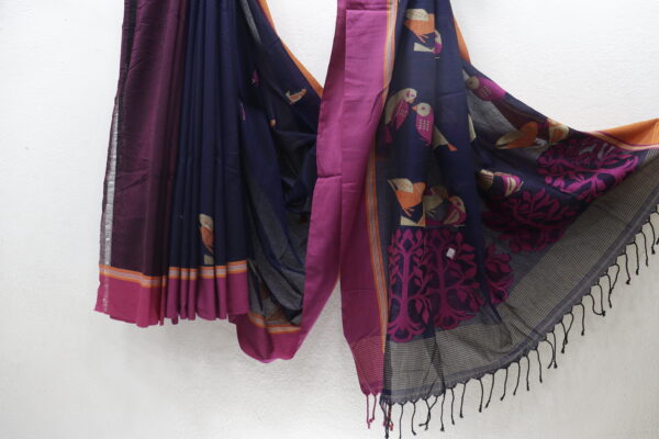 Navy Blue & Magenta Pure Bengal Handloom Khadi Cotton Saree – Elegant Handwoven Beauty