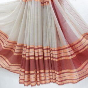 Off-White & Rust Red Pure Bengal Handloom Khadi Cotton Saree – Lightweight & Traditional Elegance