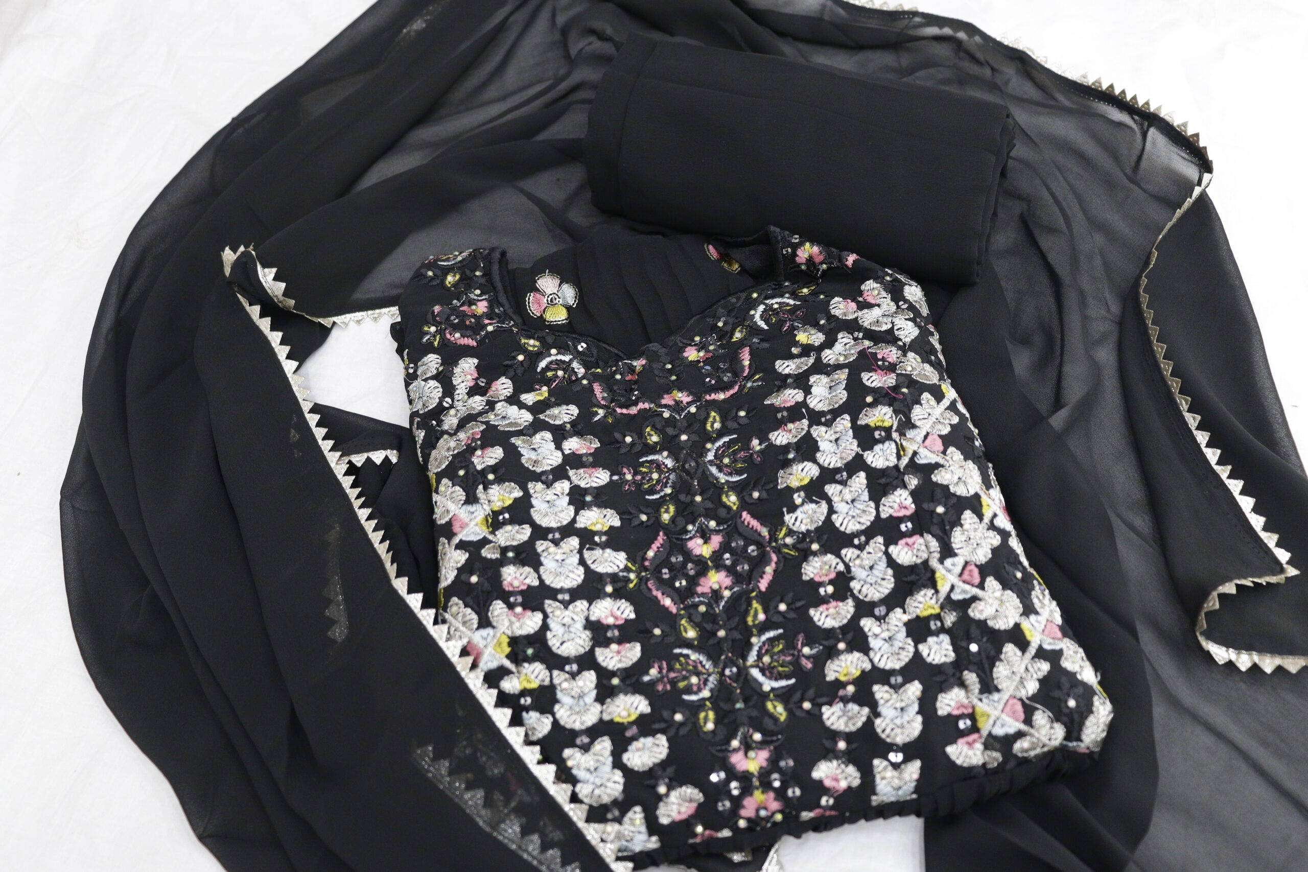 Elegant Black Floral Embroidered Chiffon Kurti Set β Timeless Beauty & Grace - Image 3