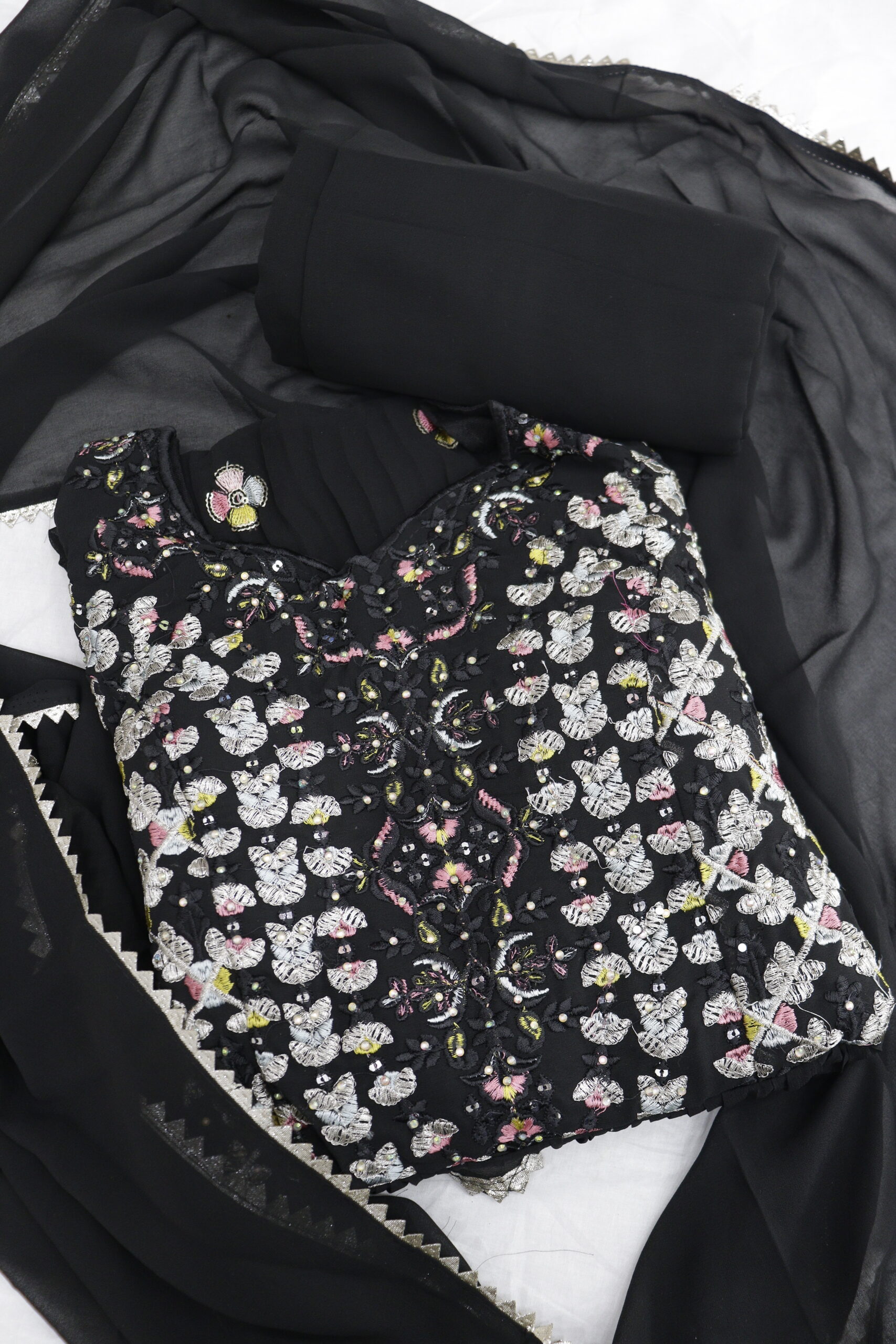 Elegant Black Floral Embroidered Chiffon Kurti Set β Timeless Beauty & Grace - Image 6