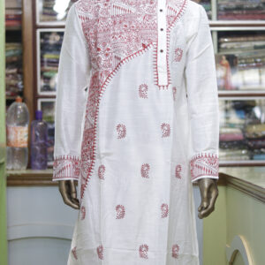 en’s White Cotton Kurta with Red Embroidery – Elegant Ethnic Wear