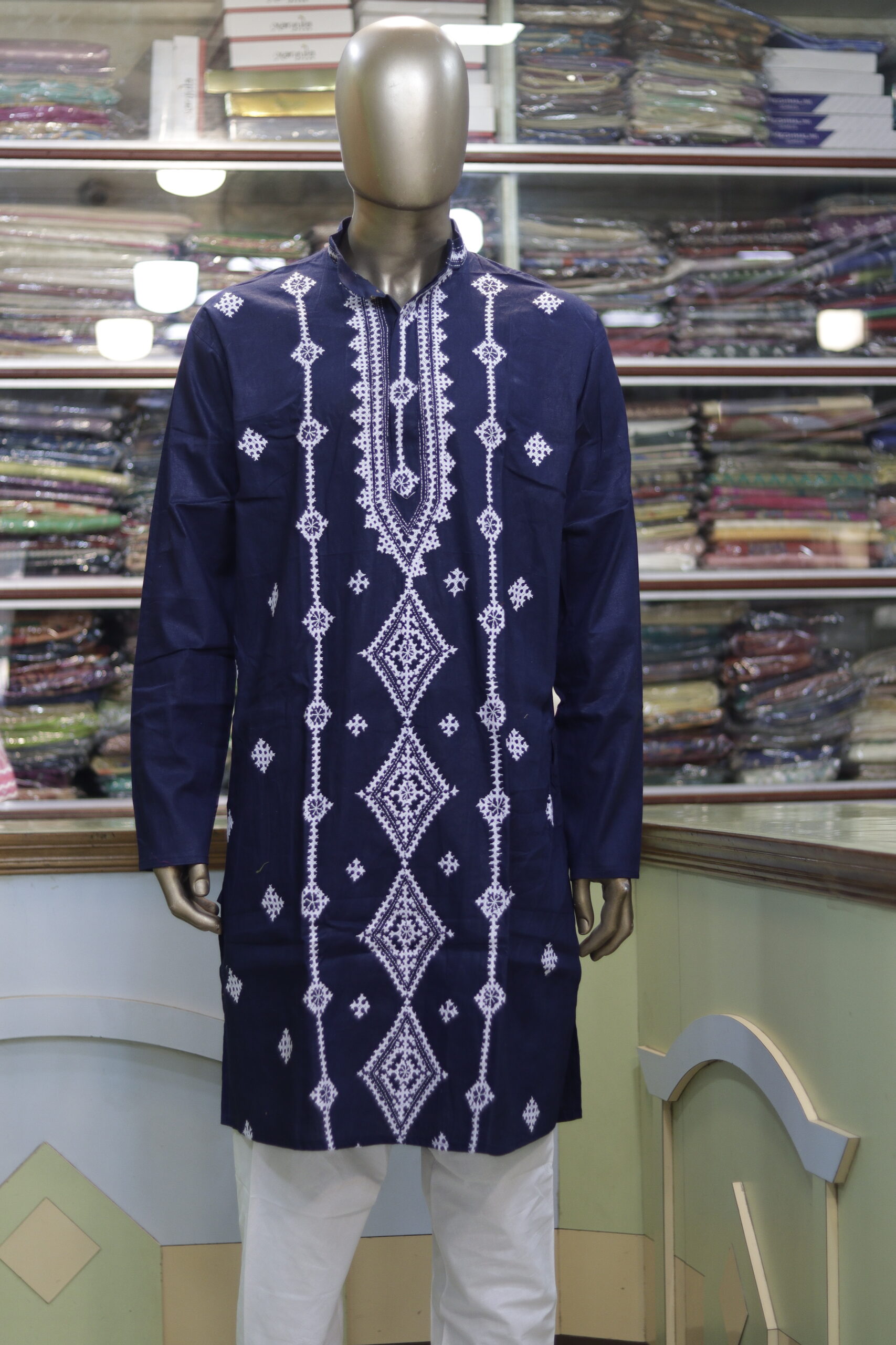 Men’s Navy Blue Cotton Kurta with White Geometric Embroidery – Elegant Festive Wear