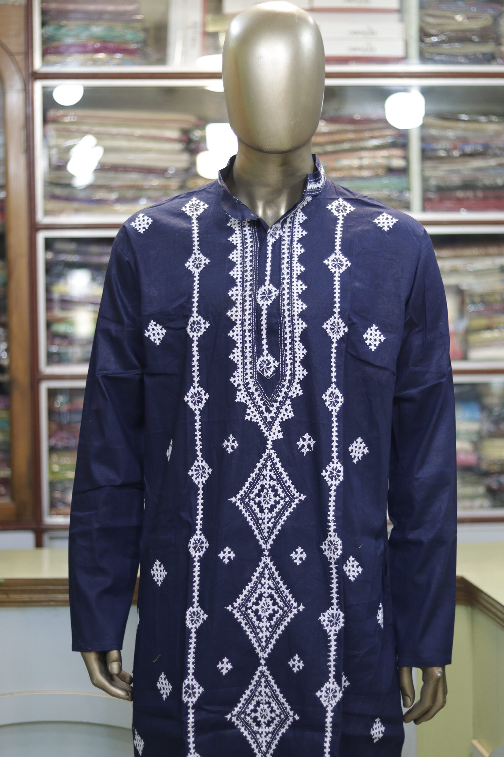 Men’s Navy Blue Cotton Kurta with White Geometric Embroidery – Elegant Festive Wear - Image 2
