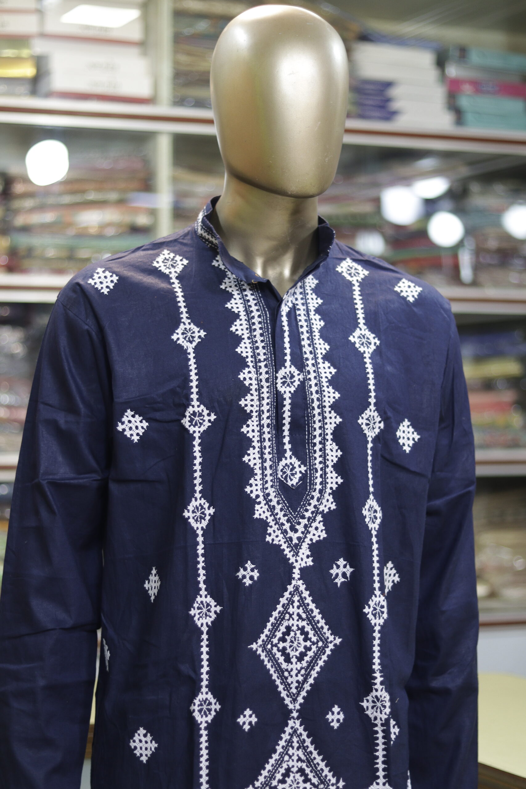Men’s Navy Blue Cotton Kurta with White Geometric Embroidery – Elegant Festive Wear - Image 3