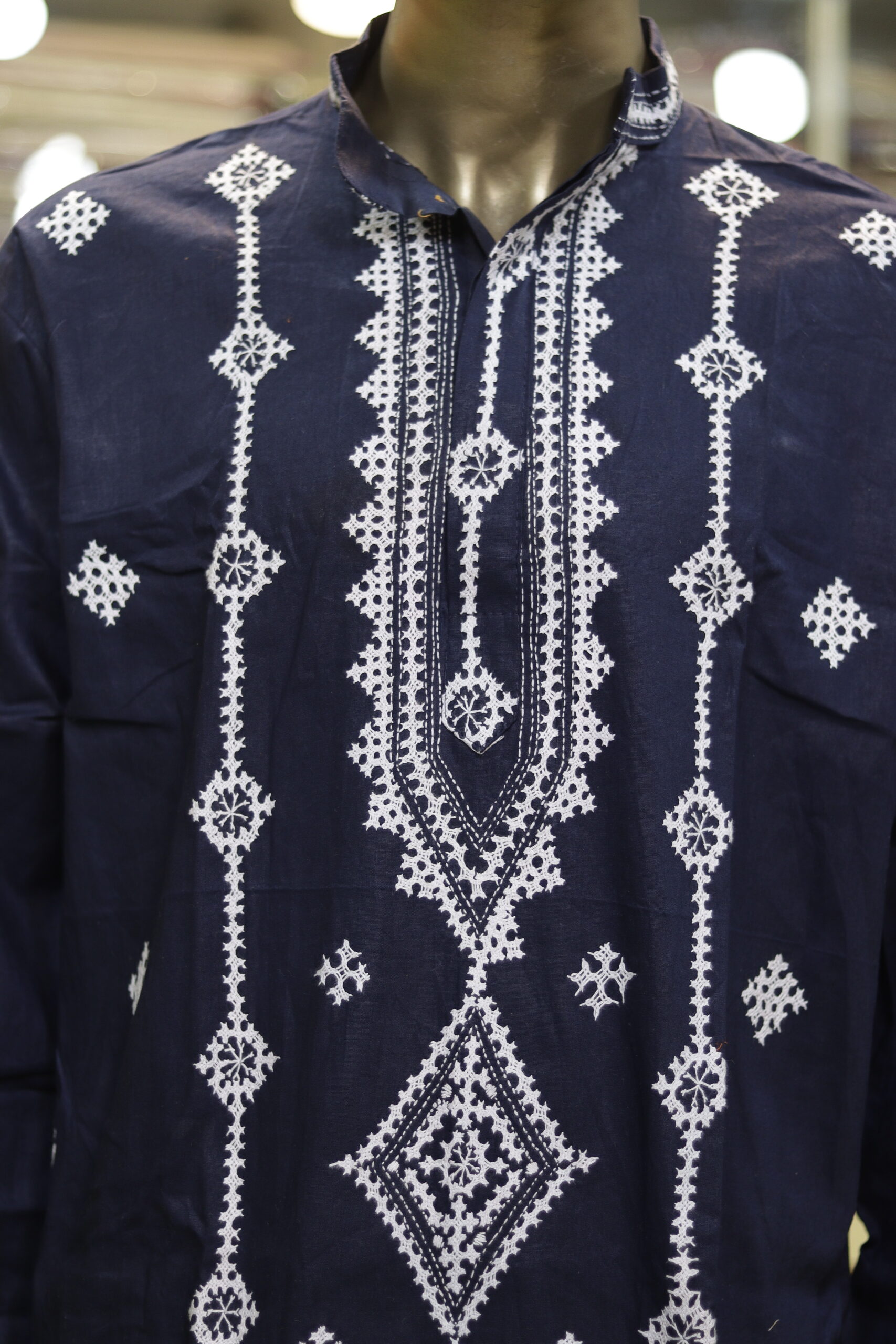 Men’s Navy Blue Cotton Kurta with White Geometric Embroidery – Elegant Festive Wear - Image 5