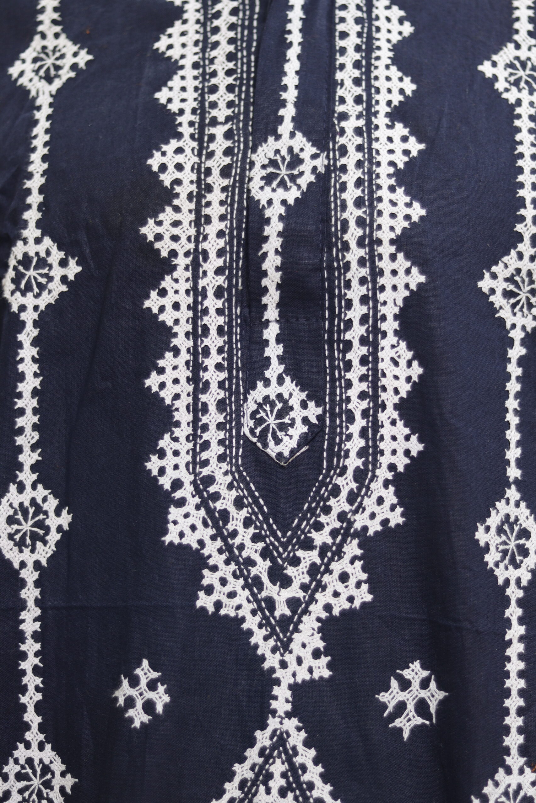 Men’s Navy Blue Cotton Kurta with White Geometric Embroidery – Elegant Festive Wear - Image 4