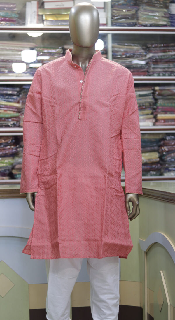 Men’s Peach Cotton Kurta with Embroidered Pattern – Stylish Festive Wear