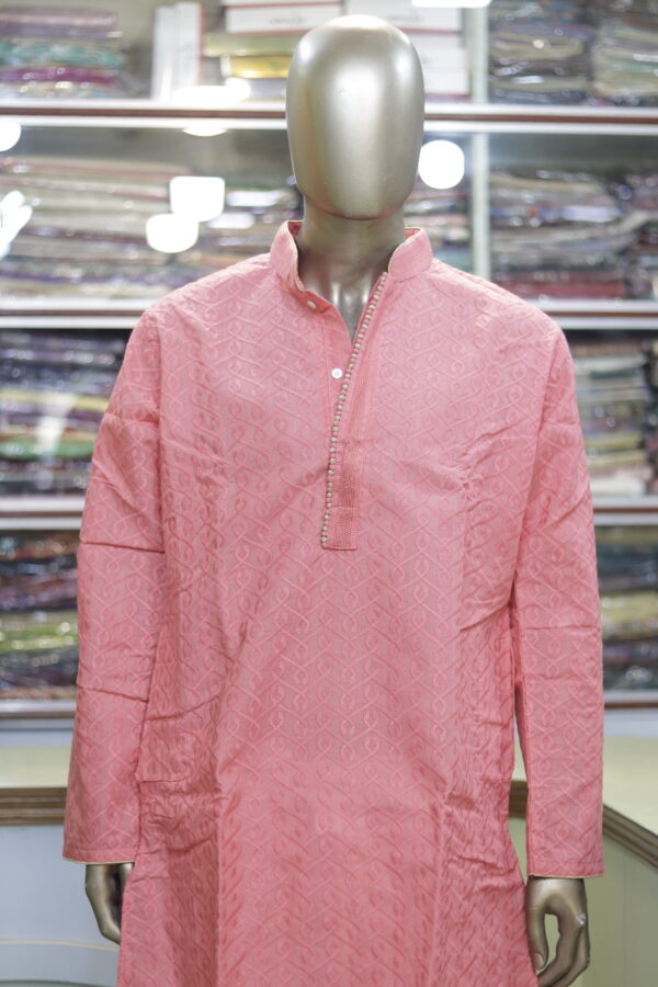 Men’s Peach Cotton Kurta with Embroidered Pattern – Stylish Festive Wear - Image 4