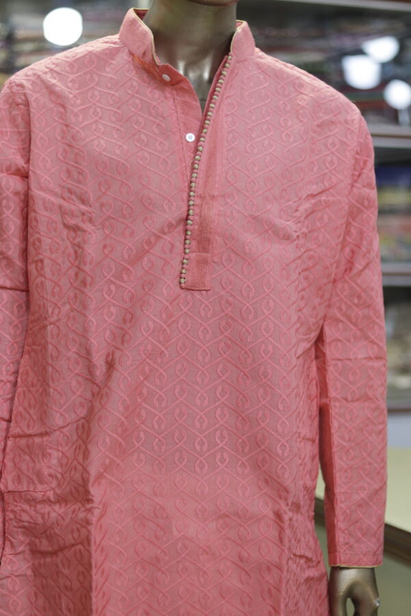 Men’s Peach Cotton Kurta with Embroidered Pattern – Stylish Festive Wear - Image 2