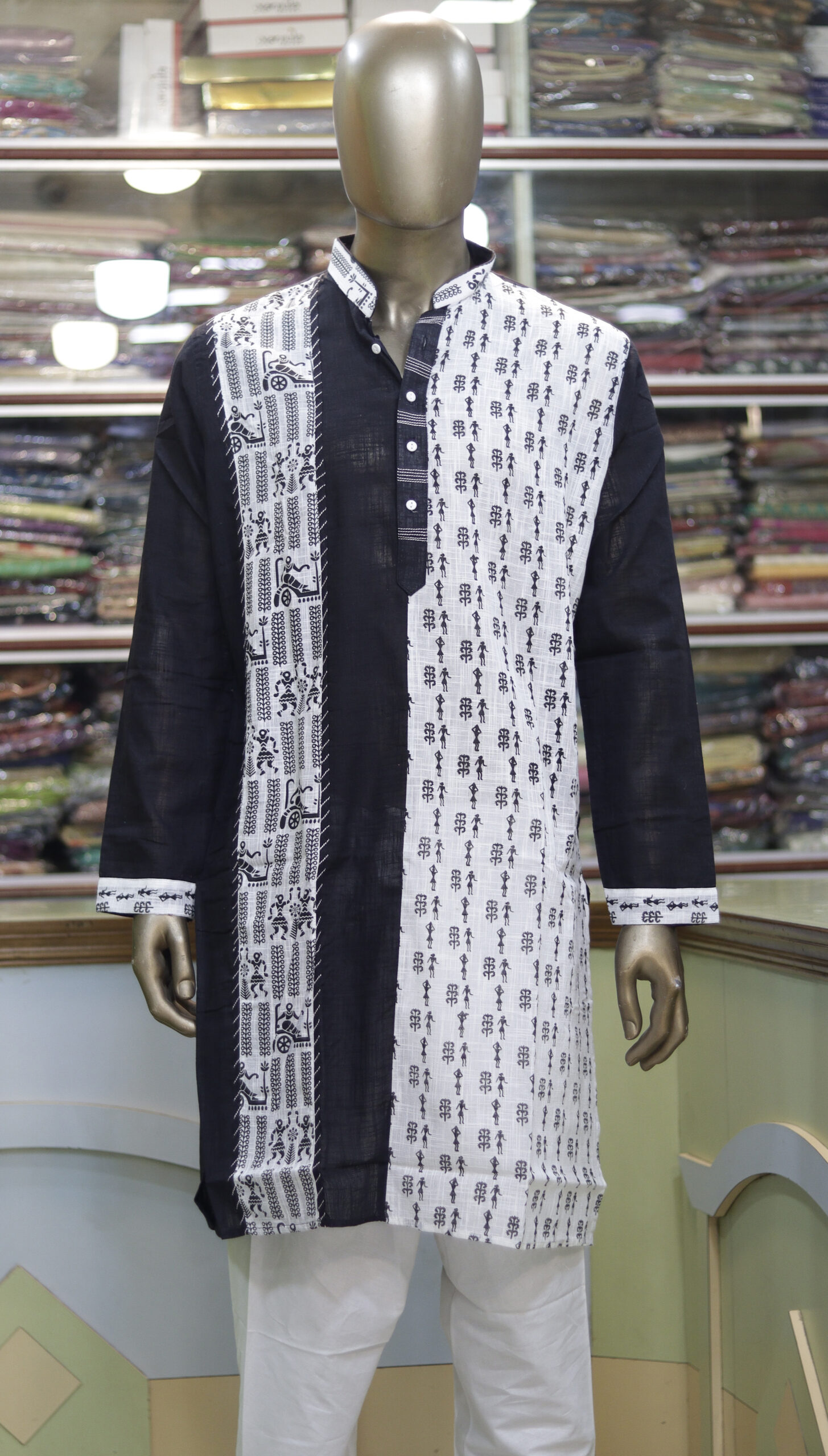 Men’s Black & White Cotton Kurta with Tribal Warli Print – Ethnic & Festive Wear - Image 4