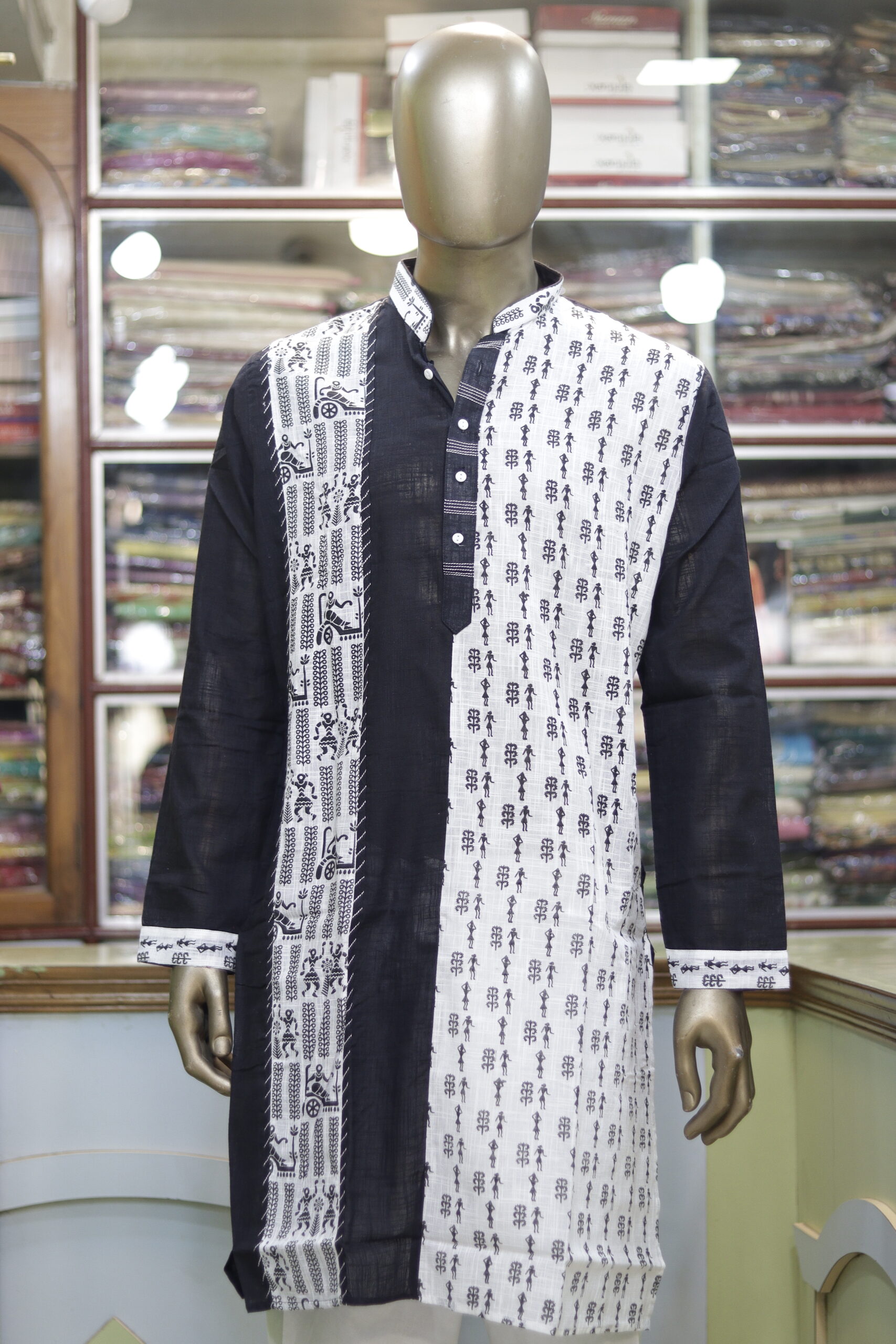 Men’s Black & White Cotton Kurta with Tribal Warli Print – Ethnic & Festive Wear - Image 5