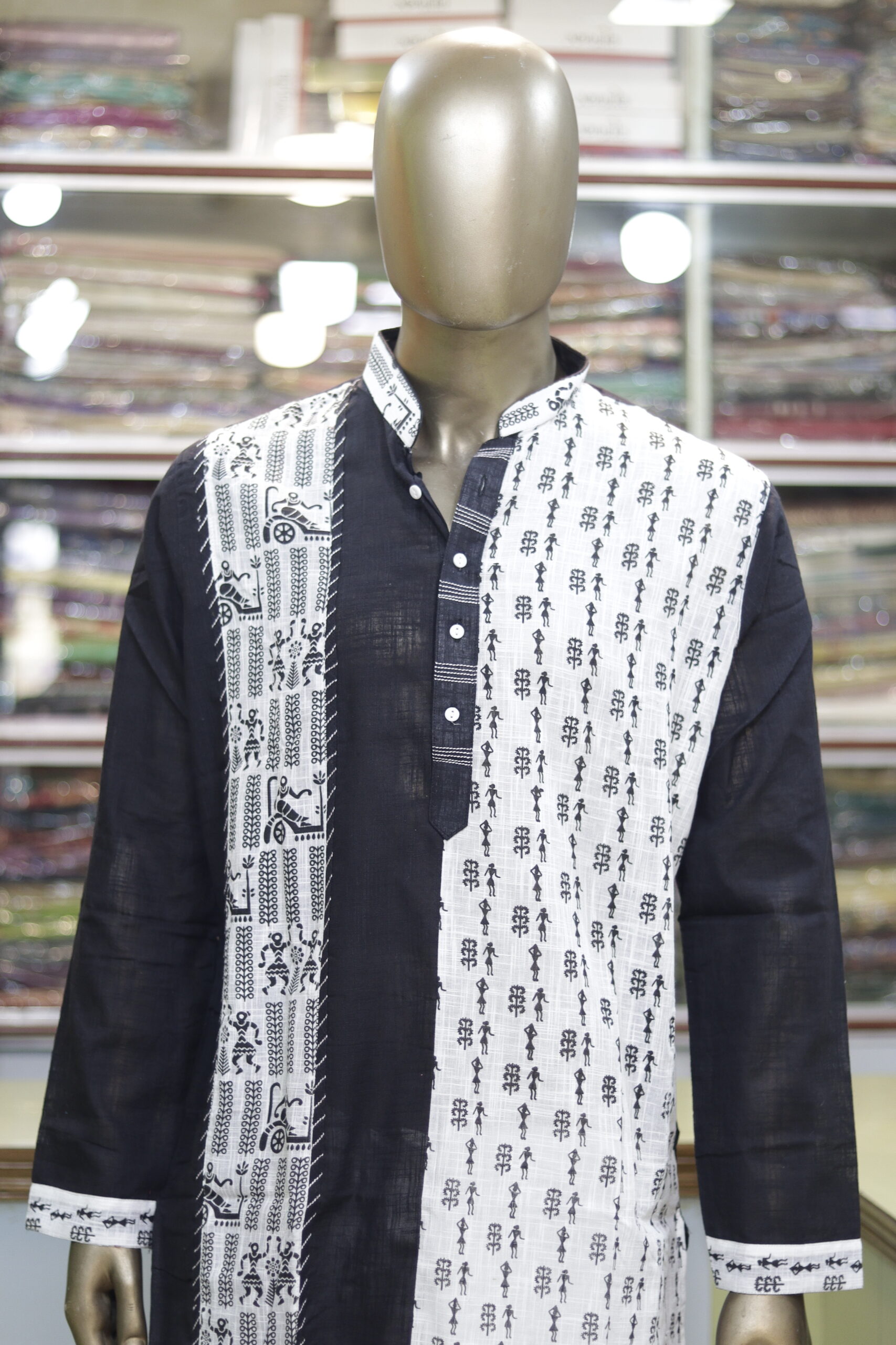 Men’s Black & White Cotton Kurta with Tribal Warli Print – Ethnic & Festive Wear