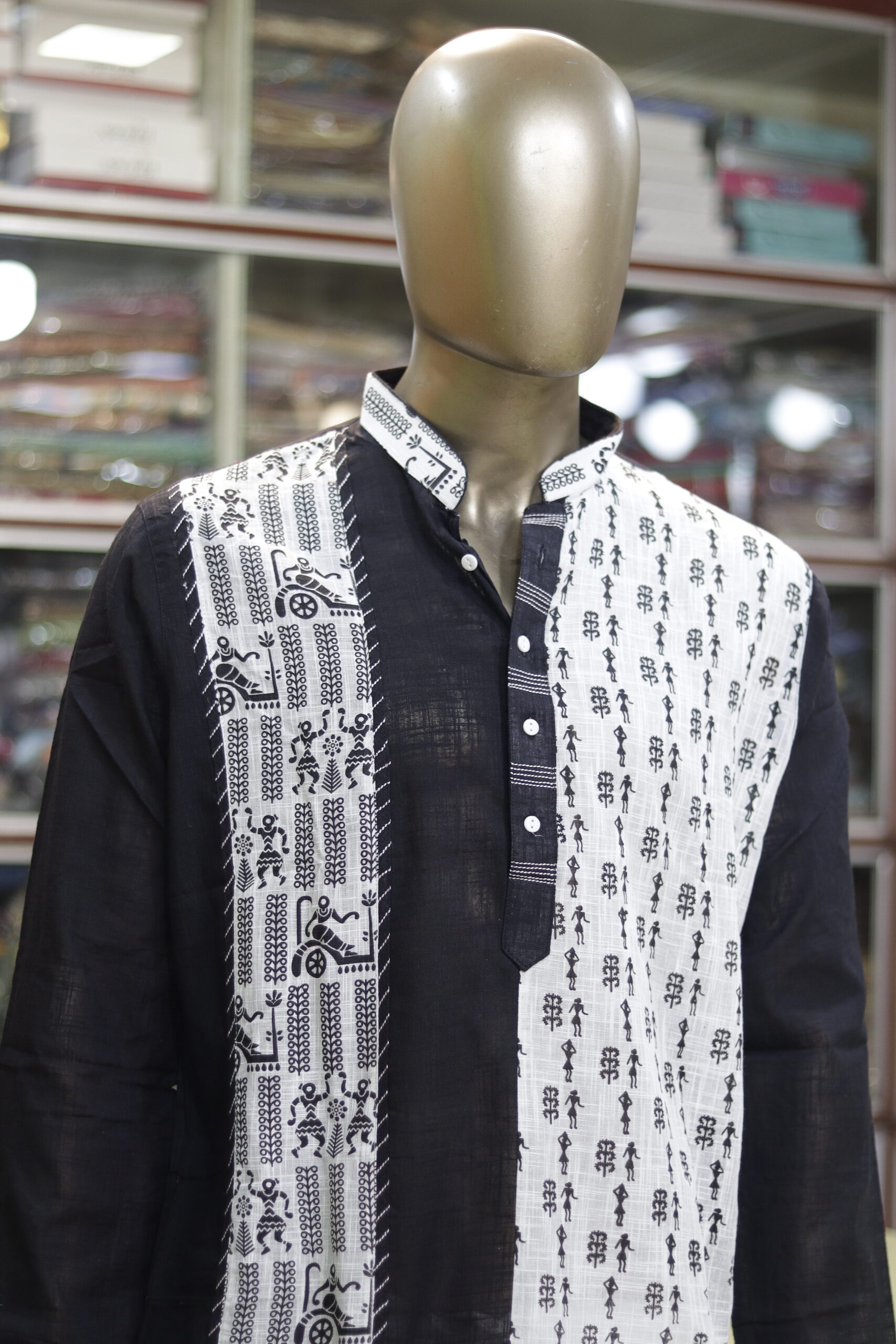 Men’s Black & White Cotton Kurta with Tribal Warli Print – Ethnic & Festive Wear - Image 6