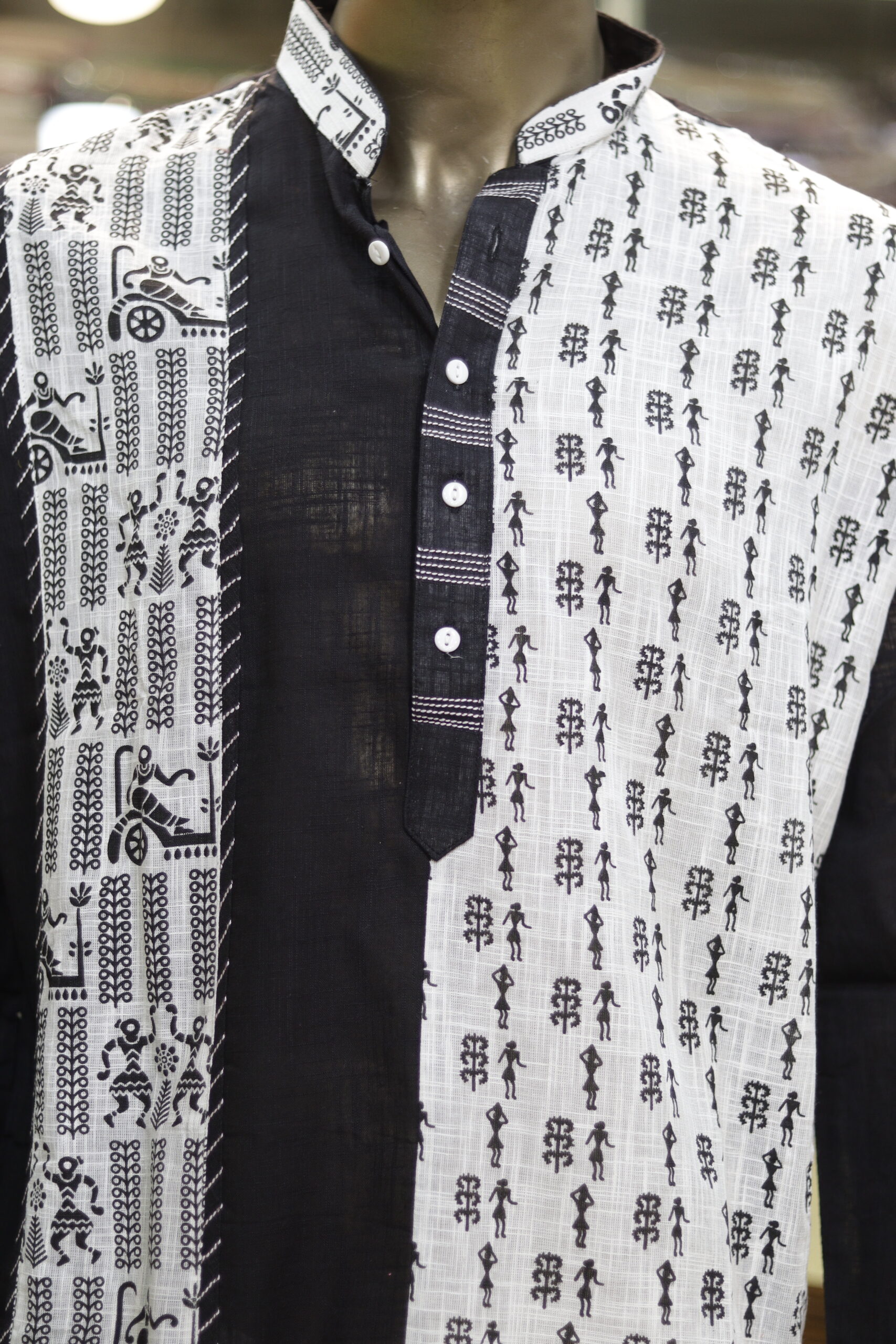 Men’s Black & White Cotton Kurta with Tribal Warli Print – Ethnic & Festive Wear - Image 7